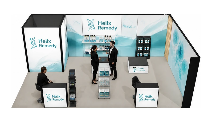 Stoisko 8 × 5 m narożne prawe dla branży farmacja i biotechnologia, przykładowa marka Helix Remedy