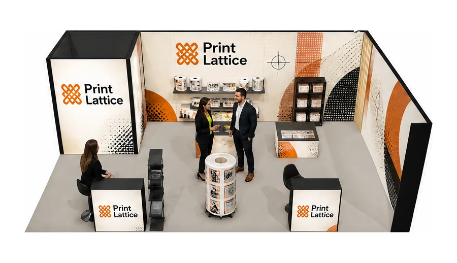Stoisko 8 × 5 m narożne prawe dla branży etykiety i poligrafia, przykładowa marka Print Lattice