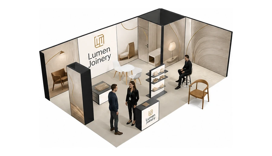 Stoisko 8 × 5 m narożne prawe dla branży meble designerskie, przykładowa marka Lumen Joinery