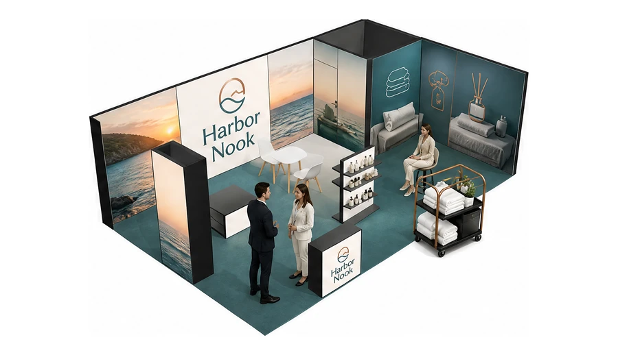 Stoisko 8 × 5 m narożne prawe dla branży wyposażenie hoteli, przykładowa marka Harbor Nook