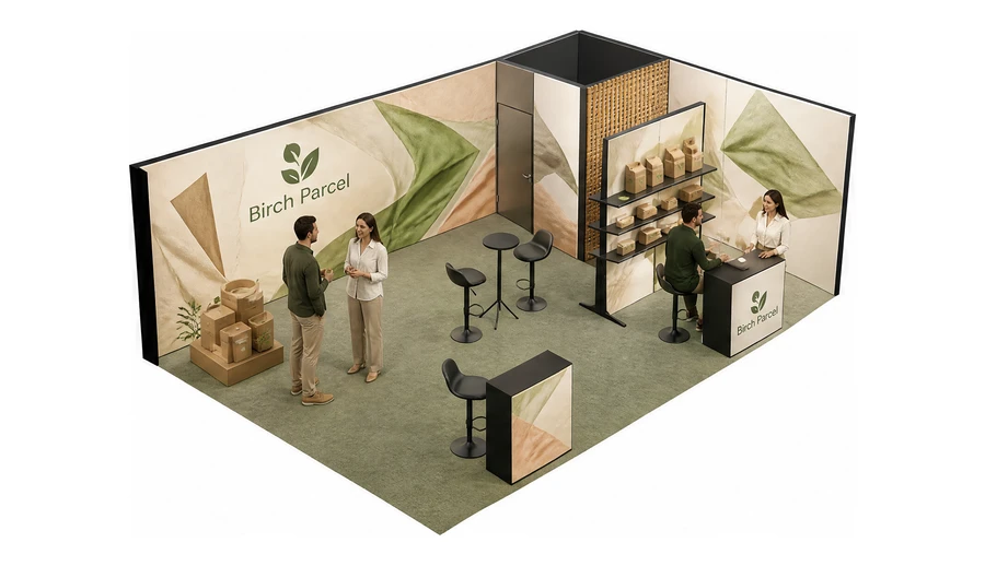 Stoisko 8 × 5 m narożne prawe dla branży opakowania ekologiczne, przykładowa marka Birch Parcel