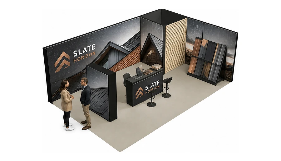 Stoisko 8 × 5 m narożne prawe dla branży dachy i elewacje, przykładowa marka Slate Horizon