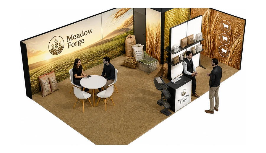Stoisko 8 × 5 m narożne prawe dla branży hodowla i pasze, przykładowa marka Meadow Forge