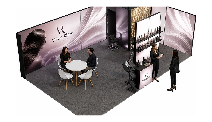 Stoisko 8 × 5 m narożne prawe dla branży fryzjerstwo i salony beauty, przykładowa marka Velvet Rinse