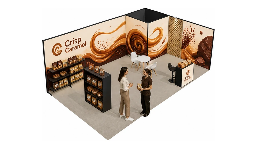 Stoisko 8 × 5 m narożne prawe dla branży słodycze i przekąski, przykładowa marka Crisp Caramel