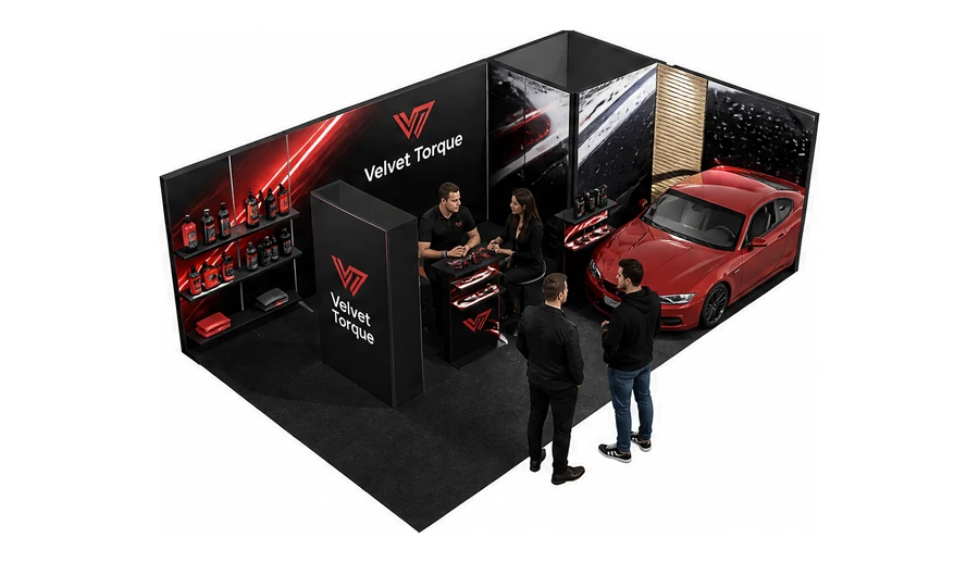 Stoisko 8 × 5 m narożne prawe dla branży tuning i detailing, przykładowa marka Velvet Torque