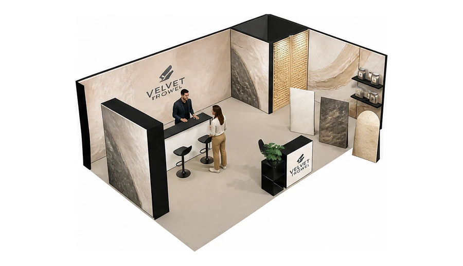 Stoisko 8 × 5 m narożne prawe dla branży wykończenie wnętrz, przykładowa marka Velvet Trowel