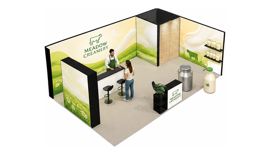 Stoisko 8 × 5 m narożne prawe dla branży nabiał i mleczarstwo, przykładowa marka Meadow Creamery
