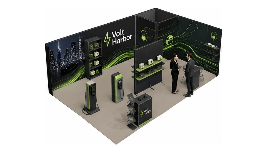 Stoisko 8 × 5 m narożne prawe dla branży elektromobilność i ładowarki, przykładowa marka Volt Harbor