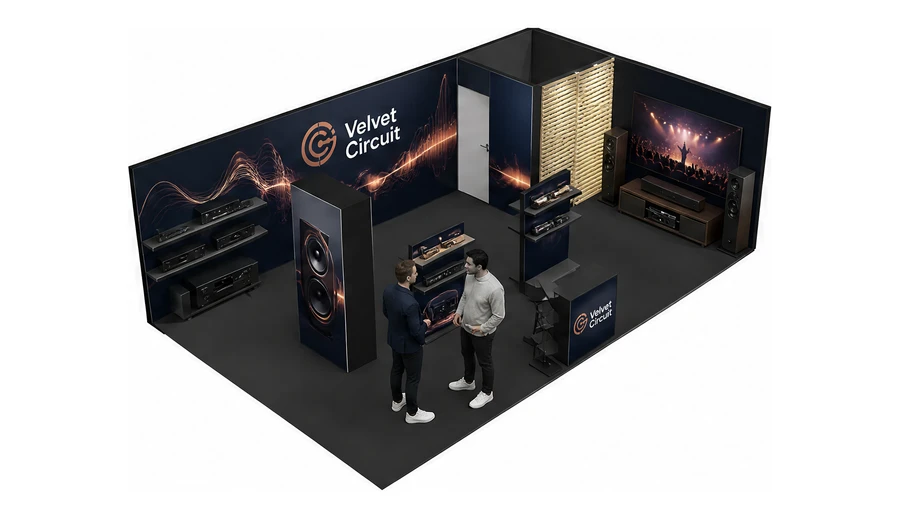 Stoisko 8 × 5 m narożne prawe dla branży sprzęt audio-video, przykładowa marka Velvet Circuit