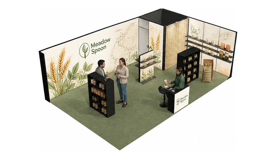 Stoisko 8 × 5 m narożne prawe dla branży żywność ekologiczna, przykładowa marka Meadow Spoon