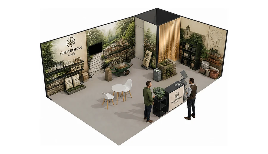 Stoisko 8 × 5 m narożne prawe dla branży ogród i architektura krajobrazu, przykładowa marka HearthGrove Supply