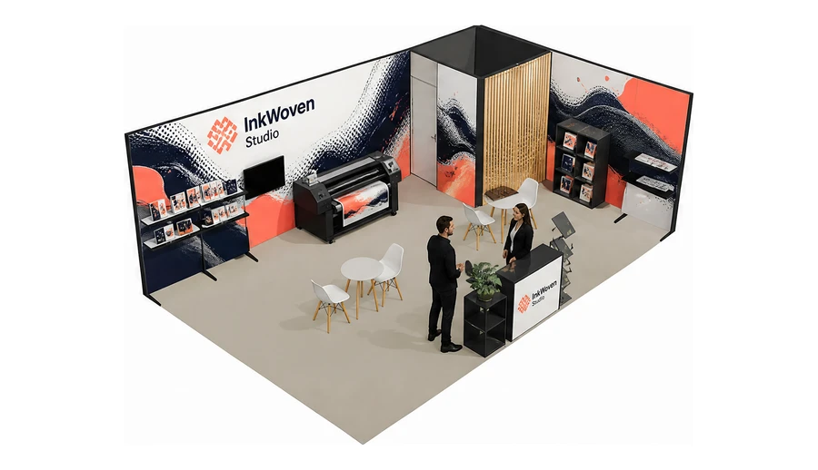 Stoisko 8 × 5 m narożne prawe dla branży reklama i druk, przykładowa marka InkWoven Studio