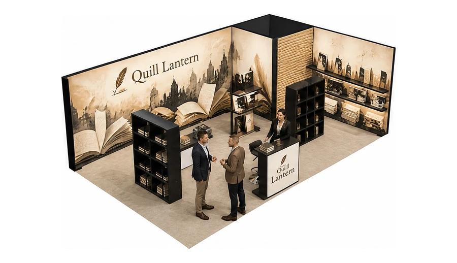 Stoisko 8 × 5 m narożne prawe dla branży wydawnictwa, przykładowa marka Quill Lantern