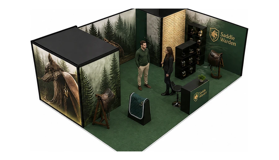 Stoisko 8 × 5 m narożne prawe dla branży jeździectwo, przykładowa marka Saddle Warden