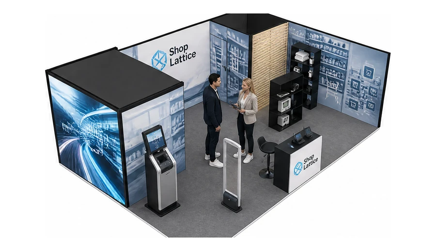 Stoisko 8 × 5 m narożne prawe dla branży technologie dla handlu, przykładowa marka Shop Lattice