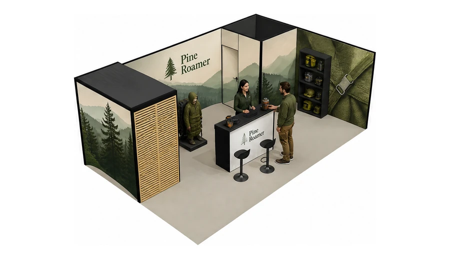 Stoisko 8 × 5 m narożne prawe dla branży odzież i sprzęt outdoorowy, przykładowa marka Pine Roamer