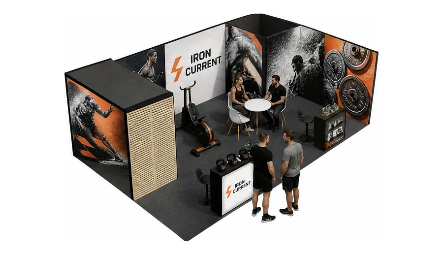 Stoisko 8 × 5 m narożne prawe dla branży fitness i siłownie, przykładowa marka Iron Current