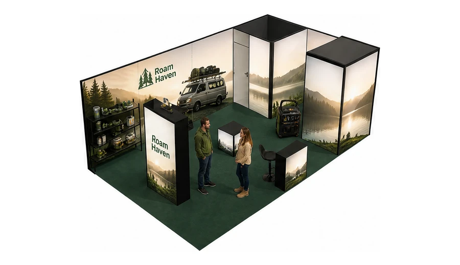 Stoisko 8 × 5 m narożne prawe dla branży caravaning i kampery, przykładowa marka Roam Haven