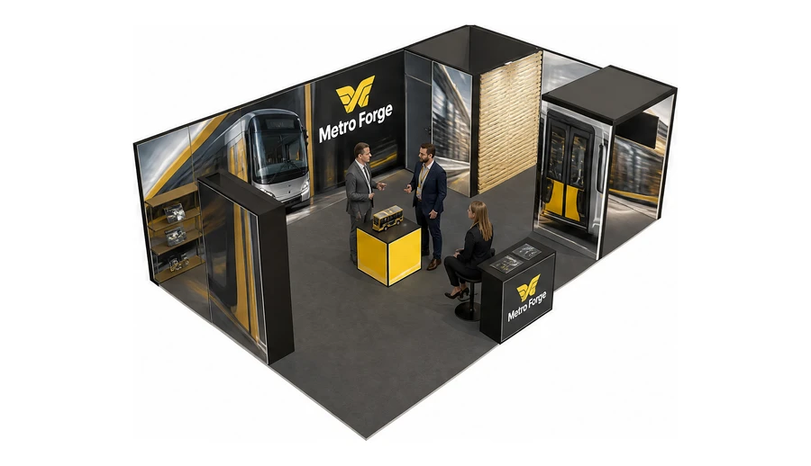 Stoisko 8 × 5 m narożne prawe dla branży autobusy i transport zbiorowy, przykładowa marka Metro Forge