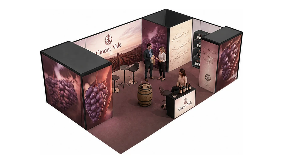 Stoisko 8 × 5 m narożne prawe dla branży winnica, przykładowa marka Cinder Vale
