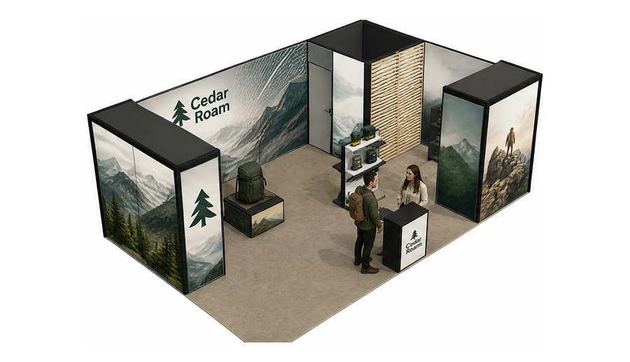 Stoisko 8 × 5 m narożne prawe dla branży odzież i sprzęt outdoorowy, przykładowa marka Cedar Roam