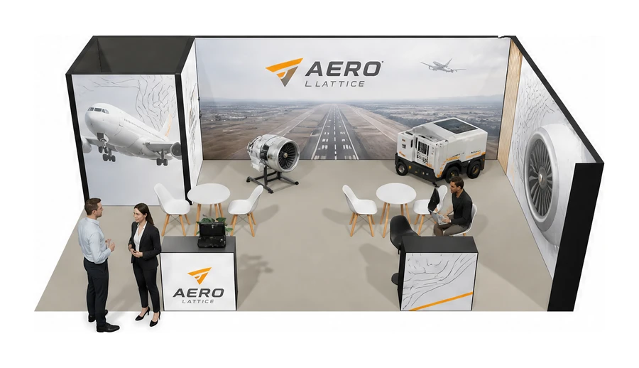 Stoisko 8 × 5 m narożne prawe dla branży lotnictwo, przykładowa marka Aero Lattice