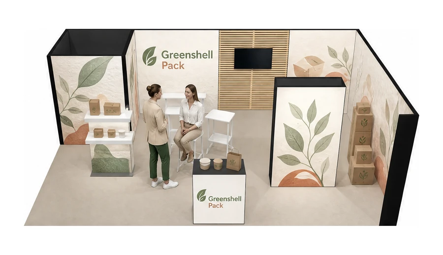 Stoisko 8 × 5 m narożne prawe dla branży opakowania ekologiczne, przykładowa marka Greenshell Pack