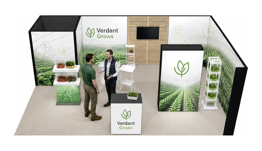 Stoisko 8 × 5 m narożne prawe dla branży sadownictwo i warzywnictwo, przykładowa marka Verdant Grows