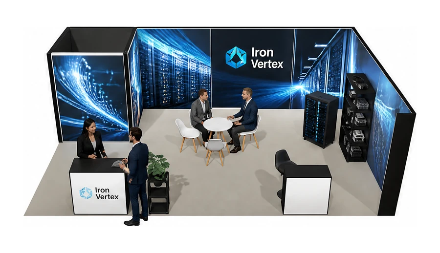 Stoisko 8 × 5 m narożne prawe dla branży infrastruktura IT i data center, przykładowa marka Iron Vertex