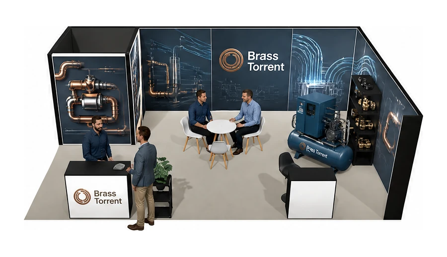 Stoisko 8 × 5 m narożne prawe dla branży pneumatyka i sprężone powietrze, przykładowa marka Brass Torrent