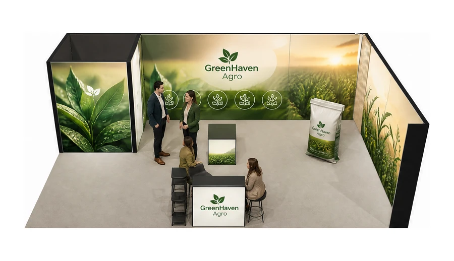 Stoisko 8 × 5 m narożne prawe dla branży nawozy i ochrona roślin, przykładowa marka GreenHaven Agro