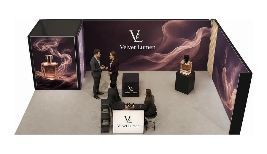 Stoisko 8 × 5 m narożne prawe dla branży perfumy, przykładowa marka Velvet Lumen