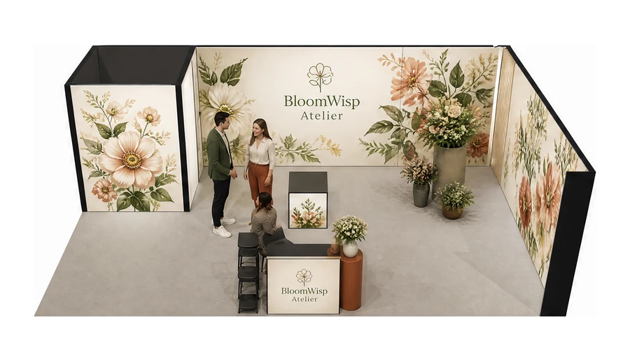 Stoisko 8 × 5 m narożne prawe dla branży rośliny i kwiaciarstwo, przykładowa marka BloomWisp Atelier