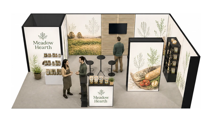 Stoisko 8 × 5 m narożne prawe dla branży żywność ekologiczna, przykładowa marka Meadow Hearth
