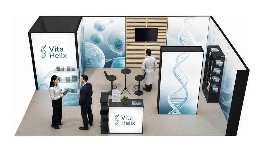 Stoisko 8 × 5 m narożne prawe dla branży farmacja i biotechnologia, przykładowa marka Vita Helix
