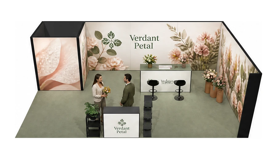 Stoisko 8 × 5 m narożne prawe dla branży rośliny i kwiaciarstwo, przykładowa marka Verdant Petal