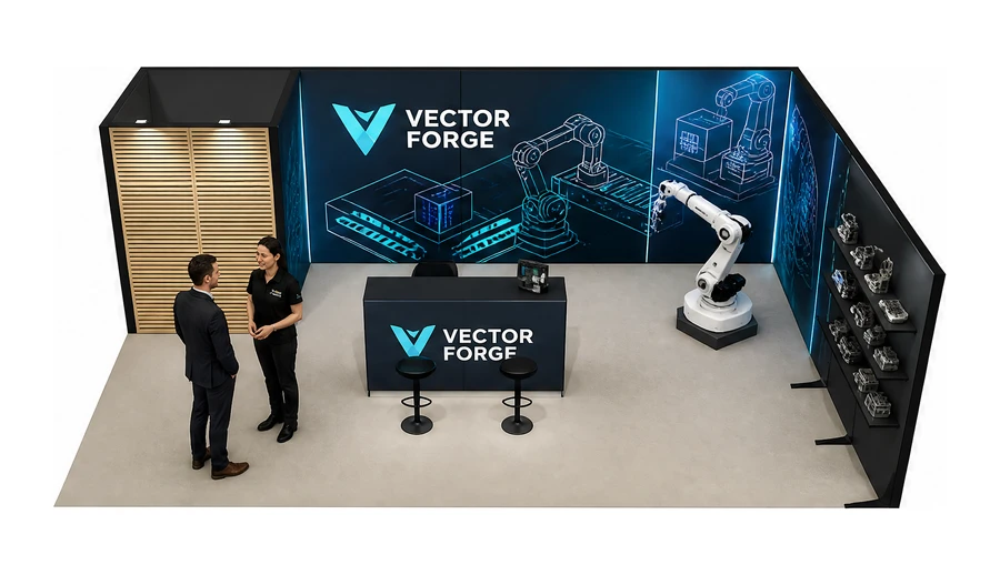 Stoisko 8 × 5 m narożne prawe dla branży automatyka przemysłowa, przykładowa marka Vector Forge