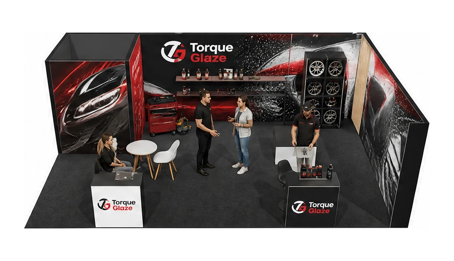 Stoisko 8 × 5 m narożne prawe dla branży tuning i detailing, przykładowa marka Torque Glaze