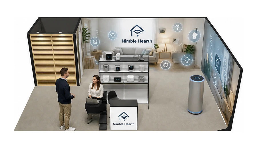 Stoisko 8 × 5 m narożne prawe dla branży smart home i IoT, przykładowa marka Nimble Hearth