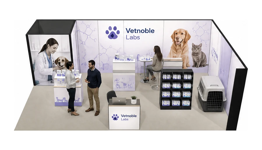 Stoisko 8 × 5 m narożne prawe dla branży weterynaria, przykładowa marka Vetnoble Labs