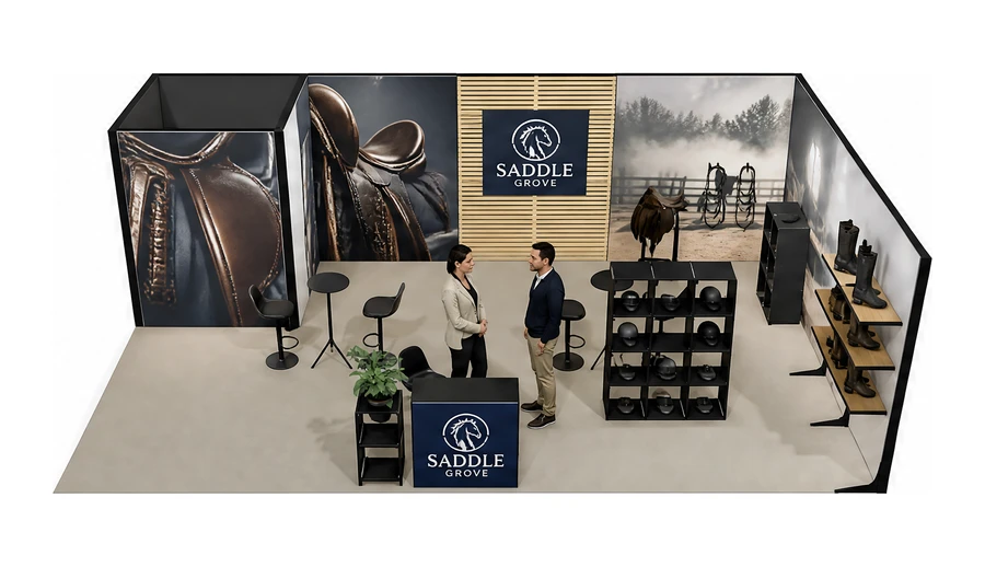Stoisko 8 × 5 m narożne prawe dla branży jeździectwo, przykładowa marka Saddle Grove