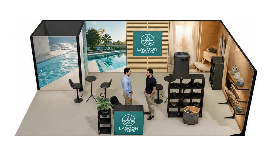 Stoisko 8 × 5 m narożne prawe dla branży baseny i sauny, przykładowa marka Lagoon Hearth