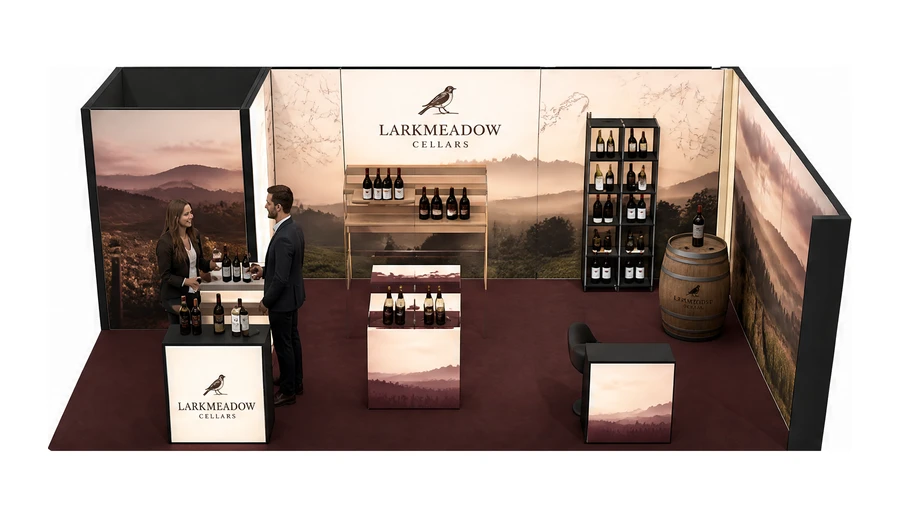 Stoisko 8 × 5 m narożne prawe dla branży winnica, przykładowa marka Larkmeadow Cellars