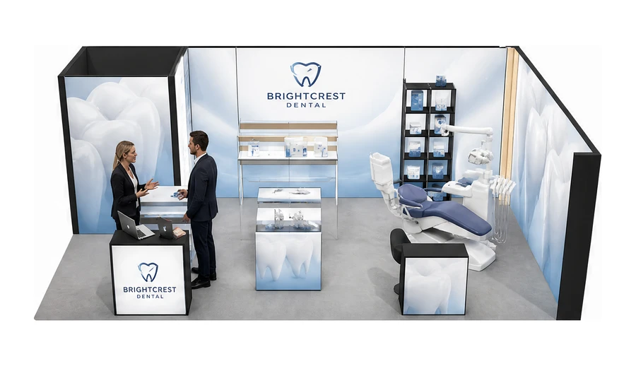 Stoisko 8 × 5 m narożne prawe dla branży stomatologia, przykładowa marka BrightCrest Dental