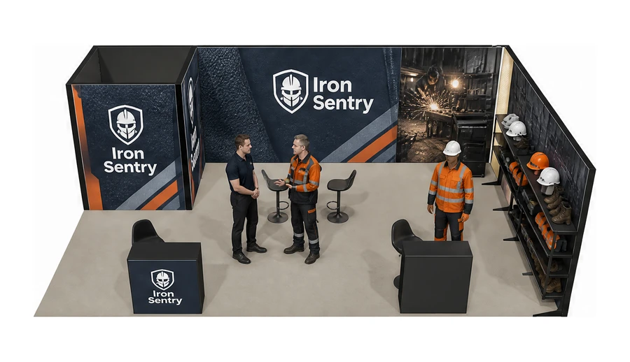 Stoisko 8 × 5 m narożne prawe dla branży BHP i odzież ochronna, przykładowa marka Iron Sentry