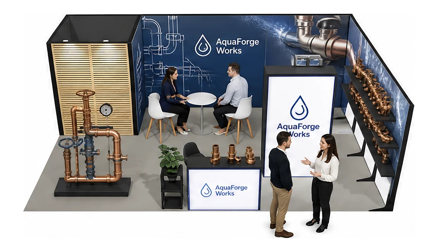 Stoisko 8 × 5 m narożne prawe dla branży instalacje wodno-kanalizacyjne, przykładowa marka AquaForge Works