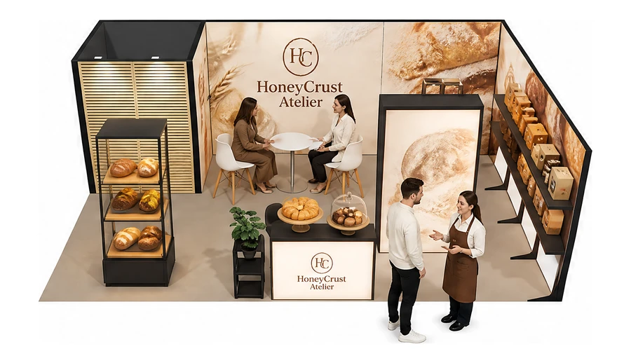Stoisko 8 × 5 m narożne prawe dla branży piekarnictwo i cukiernictwo, przykładowa marka HoneyCrust Atelier