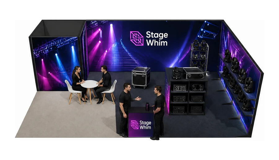 Stoisko 8 × 5 m narożne prawe dla branży branża eventowa, przykładowa marka Stage Whim