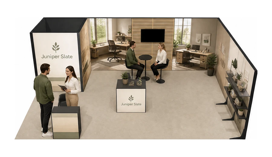 Stoisko 8 × 5 m narożne prawe dla branży meble biurowe, przykładowa marka Juniper Slate